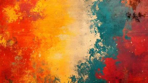 Vibrant abstract painting with bold orange, yellow, and teal strokes.