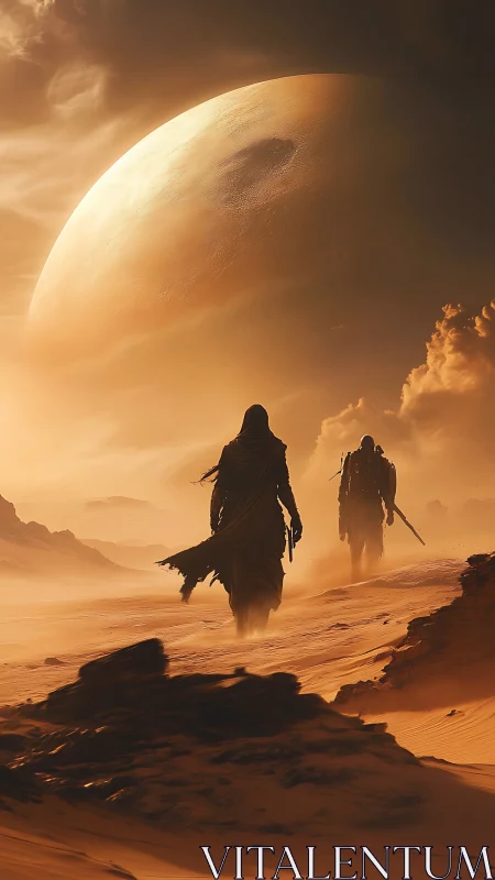Desert wanderers under colossal planet in storm light.
