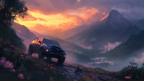 Sunset mountain trail welcomes a lone SUV into glowing mist