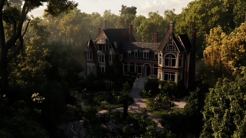Victorian manor bathes in golden forest evening light.