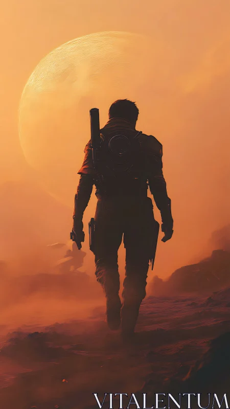 Lone armored explorer crossing alien desert at sunset.