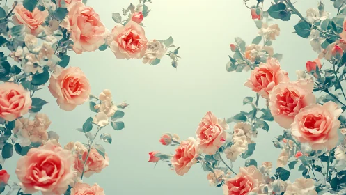 Vintage Floral Garden with Coral Roses Against Soft Sky.