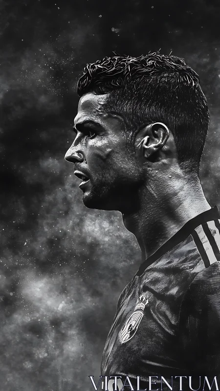 Monochrome side-profile football portrait uses high-contrast lighting