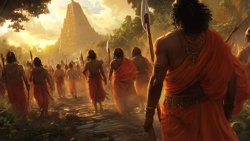 Warriors advance toward sunlit temple in cinematic digital realism