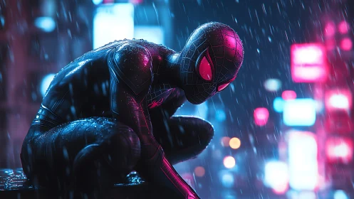 Neon-lit spider hero crouches in rain-soaked city night.