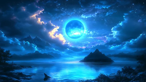 Moonlit fantasy ocean glows softly around a distant island