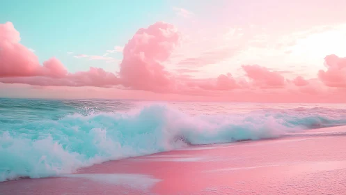 Cotton candy seascape glows under pastel sunset sky.