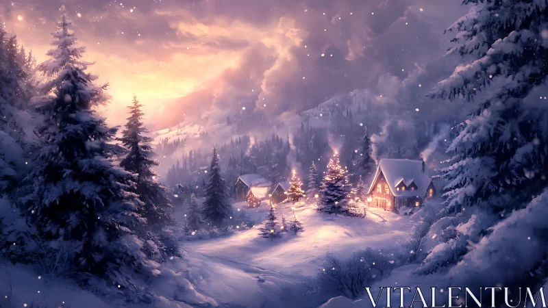 Snow-draped alpine village under luminous winter sunset.