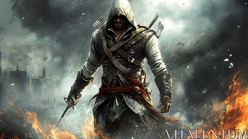 Hooded rogue strides through fire and smoke in battle-torn city.