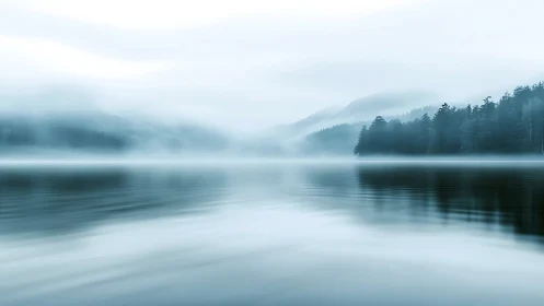 Mist-draped lake quietly erases the border between water and sky