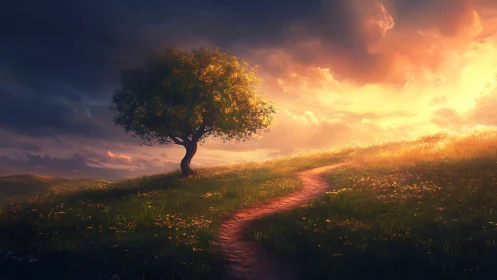 Sunlit hilltop tree guarding a winding path of quiet wonder.