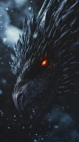Frostbitten dragon glare with ember eye in a blizzard hush.