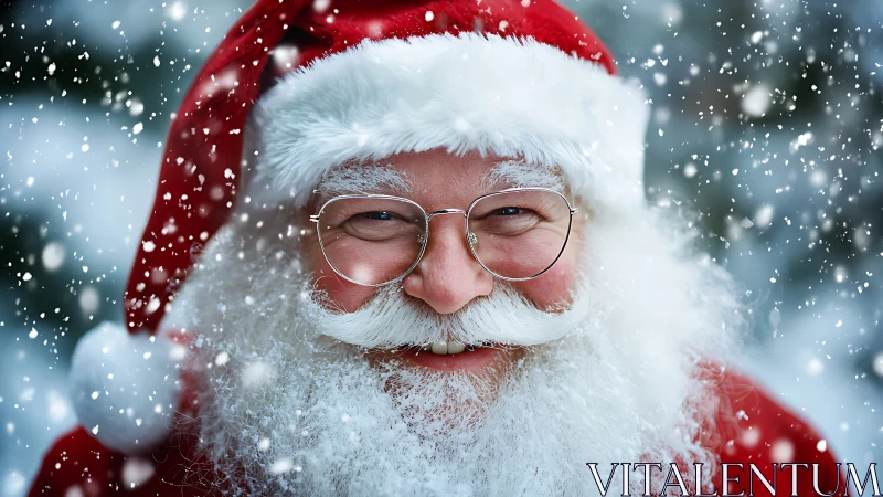 Smiling Santa portrait in snowfall with festive red suit.