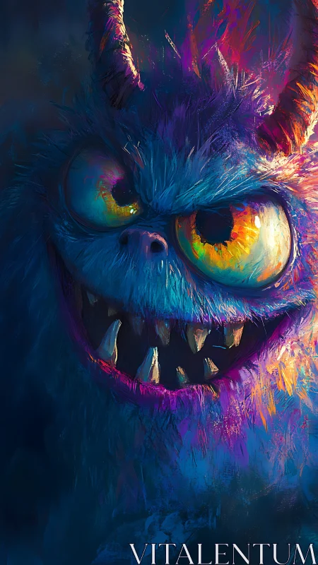 Chromatic fur-monster close-up with luminous predatory gaze.