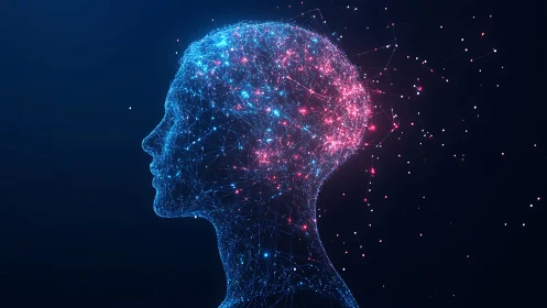 Cyberpunk neural head silhouette in luminous node lattice.