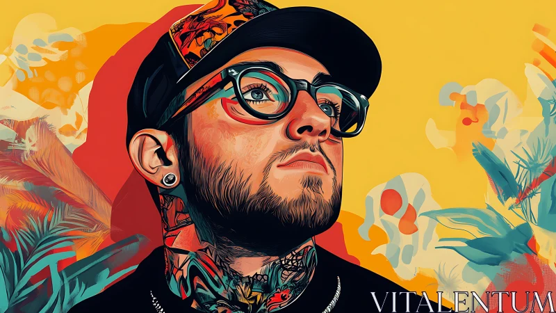 Vector portrait of tattooed man with bold chromatic layering.