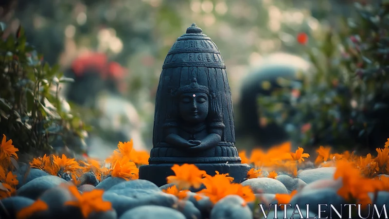 Stone deity statue among orange flowers and smooth pebbles.
