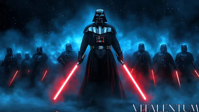 Dark armored leader strides forward through glowing mist.