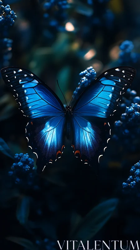 Luminous blue butterfly resting softly in a moonlit garden.