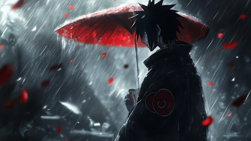 Solemn anime figure walks in rain beneath a crimson umbrella