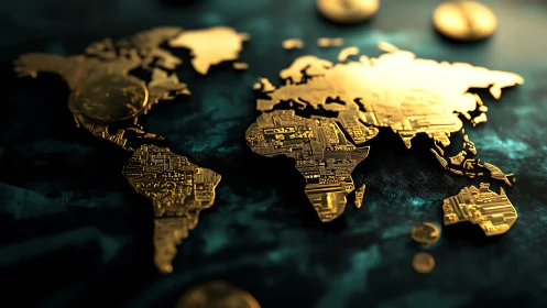 Golden world map with circuit board textures on teal surface.