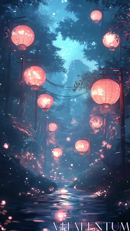 Lantern-illuminated forest stream under cyan nocturnal canopy.