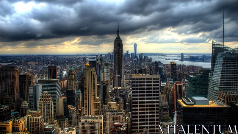 Storm-lit New York skyline frames towering midtown core.