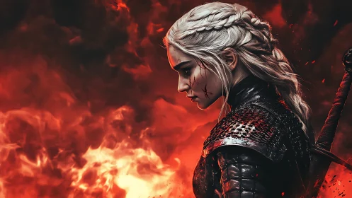 Silver haired warrior in black scale armor before blazing fire