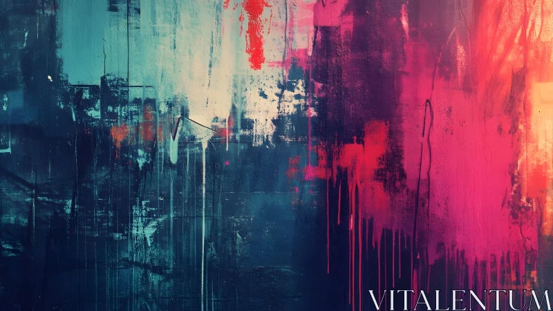 Bold abstract wall art with vivid blue and magenta paint drips.