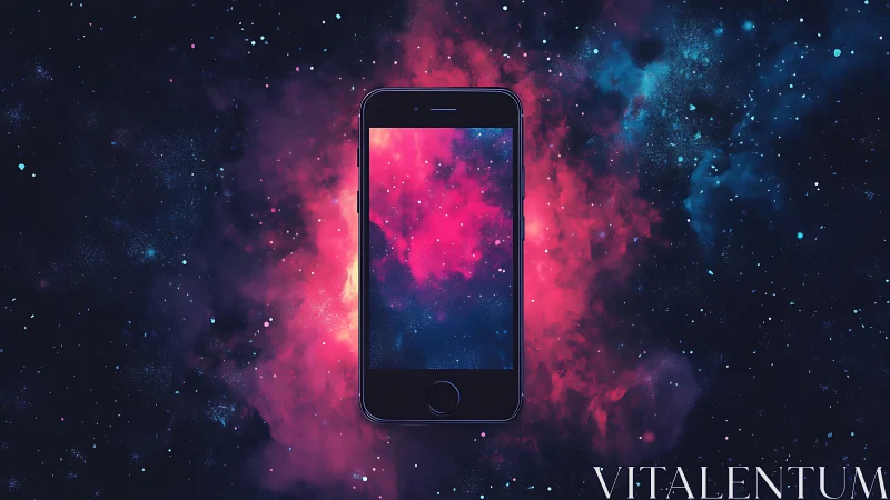 Smartphone floats in vivid pink and blue cosmic nebula.