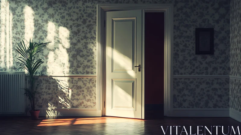 Sunlit doorway whispering into a quiet floral hallway.