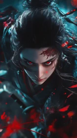 Digital painting of vengeful samurai portrait in dynamic close-up.