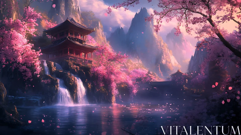 Serene pagoda above waterfalls amid luminous cherry blossoms