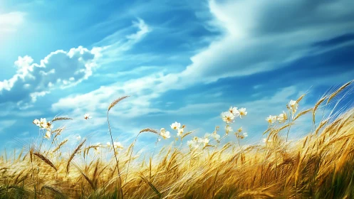 Sunlit wheat field sways beneath expansive summer sky.