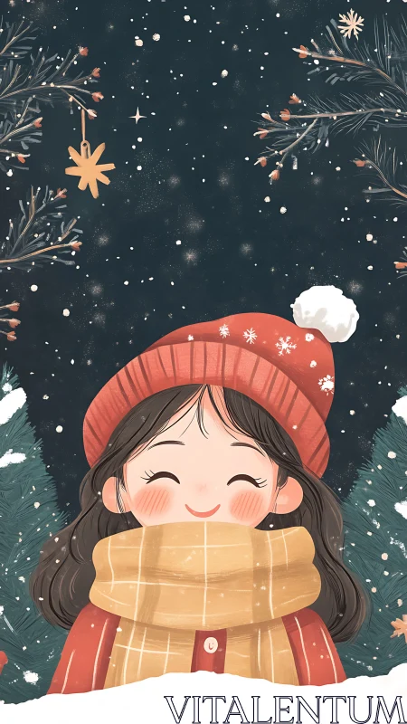 Smiling winter girl in scarf and hat under falling snow.