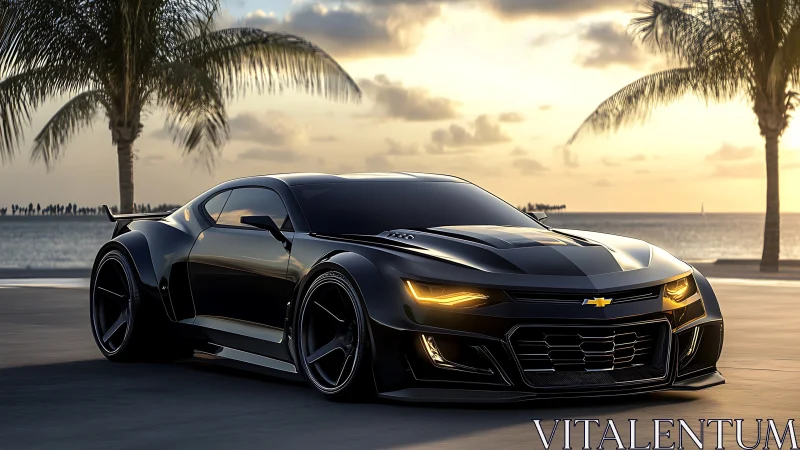 Sleek black Chevrolet muscle car at tropical seaside sunset.