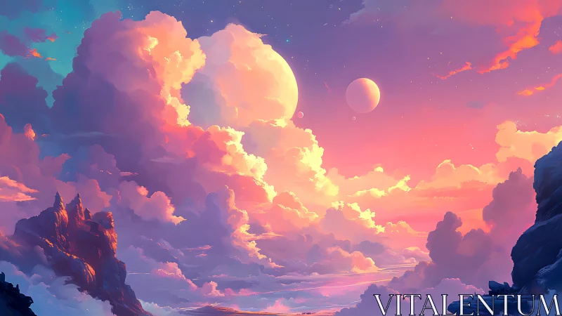 Twin moons illuminate stratified nebula clouds at sunset