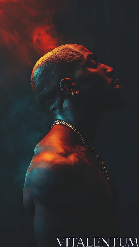 Profile portrait glows under red blue cinematic rim light.