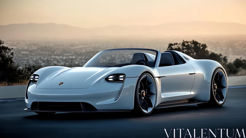 White roadster sports car on elevated roadway at dusk.