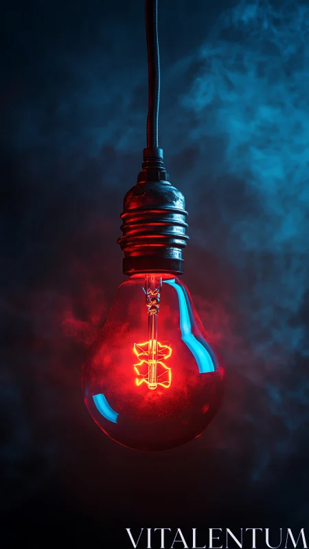 Red filament bulb with blue rim light in atmospheric smoke