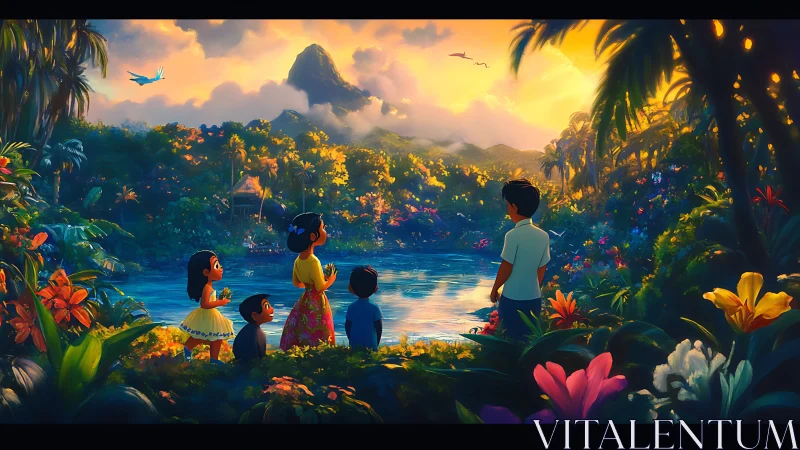 Luminous tropical family vista in cinematic digital painting.
