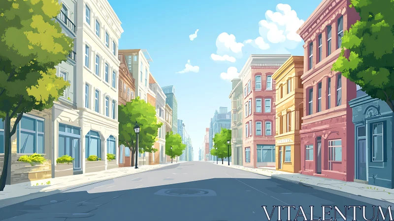 Sunlit urban street rendered in clean, stylized digital perspective