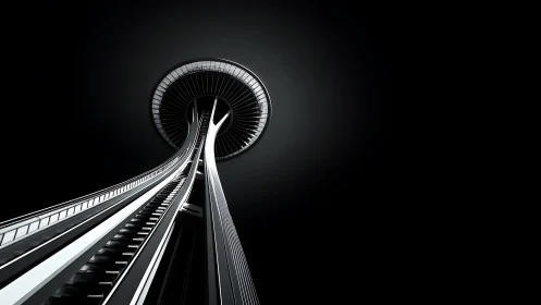 Futuristic observation tower rises into stark black void.