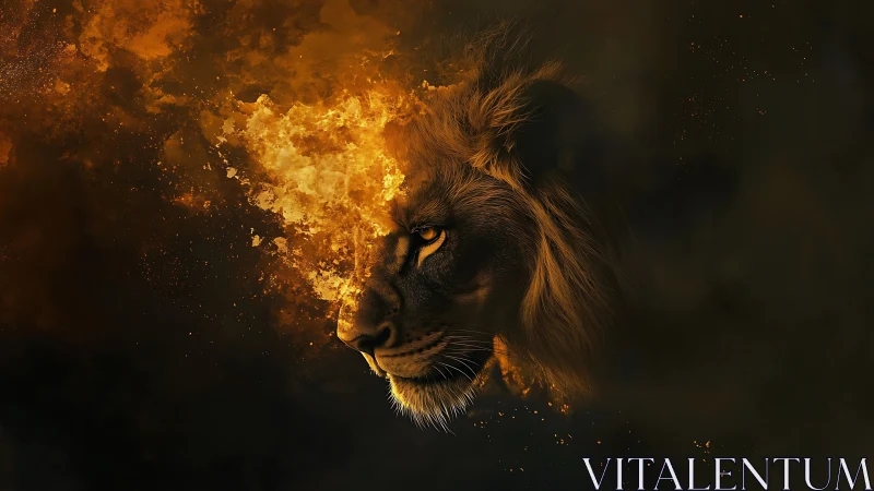 Fire-forged lion spirit emerging from swirling cosmic embers.