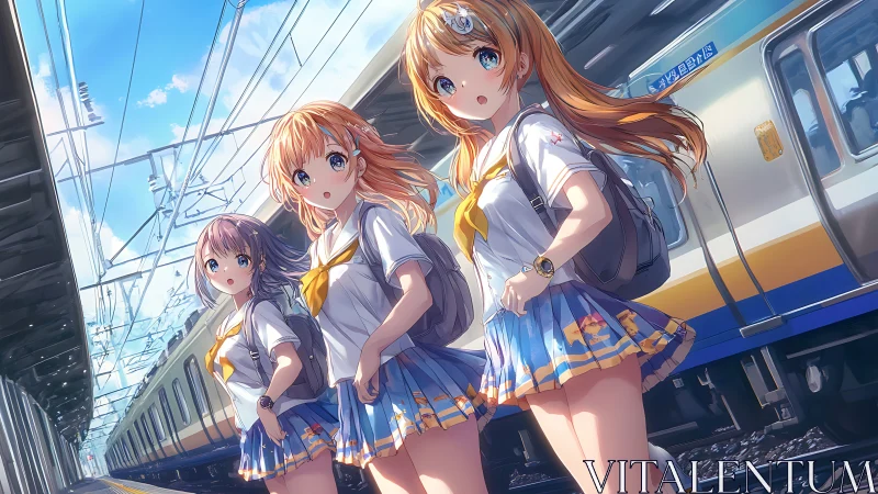 Summer friends waiting on a sunny anime train platform.