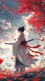 Samurai swordswoman stands amid red foliage in dynamic airflow