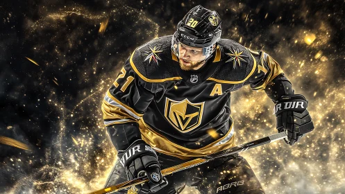Golden ice hockey star gliding through a storm of light.
