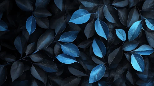 Monochrome blue foliage pattern with overlapping leaves.