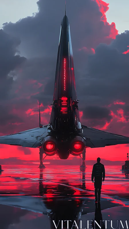 Stark jet silhouette over neon crimson storm runway.