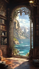Ornate coastal library interior framing sunlit alpine bay